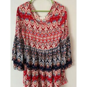 Velzera Mini Dress Womens Small Red Navy Boho Tribal Bell Sleeve Rayon Tiered